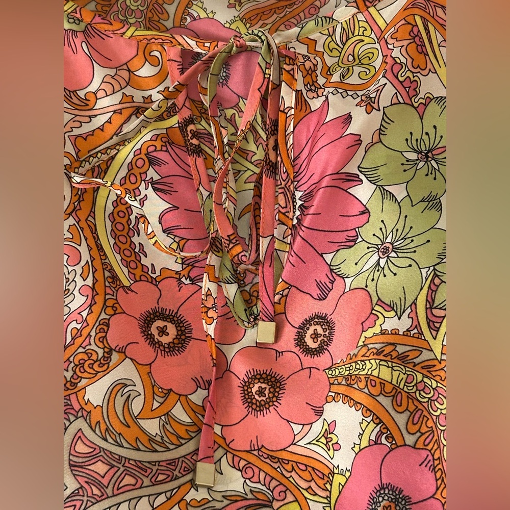 Talbots NWOT Silk 100% 1X Top Floral Paisley Hot pink orange lime 3/4 sleeve - Picture 3 of 16
